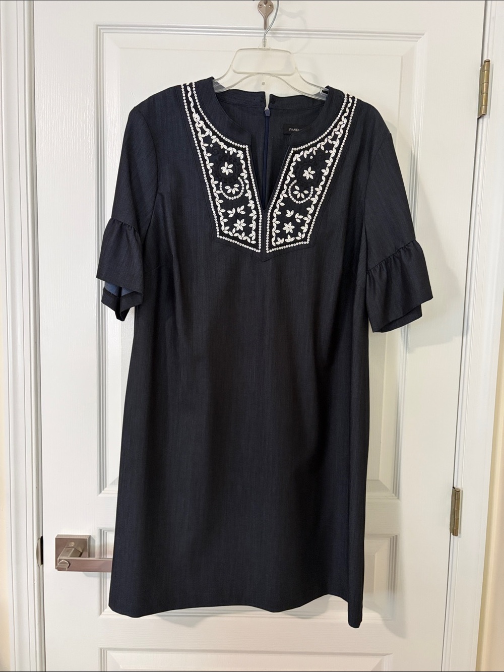 Ivanka Trump Navy Shift Dress with White Embroidered Yoke